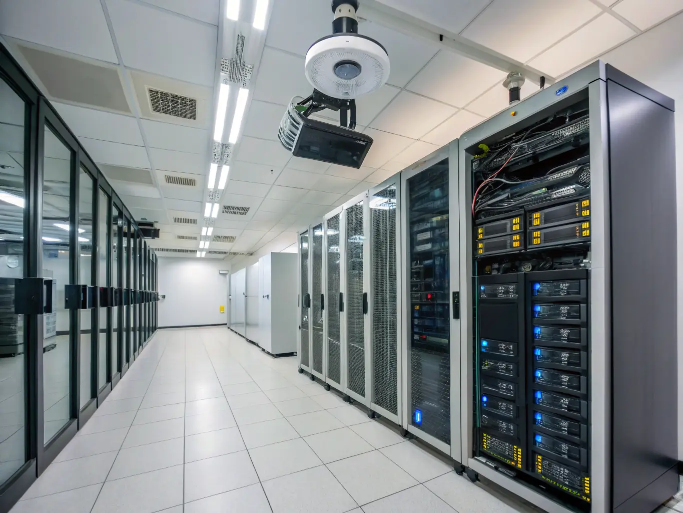 An image of a secure server room with multiple layers of security protocols, including biometric access and surveillance cameras, emphasizing the physical security of data centers.