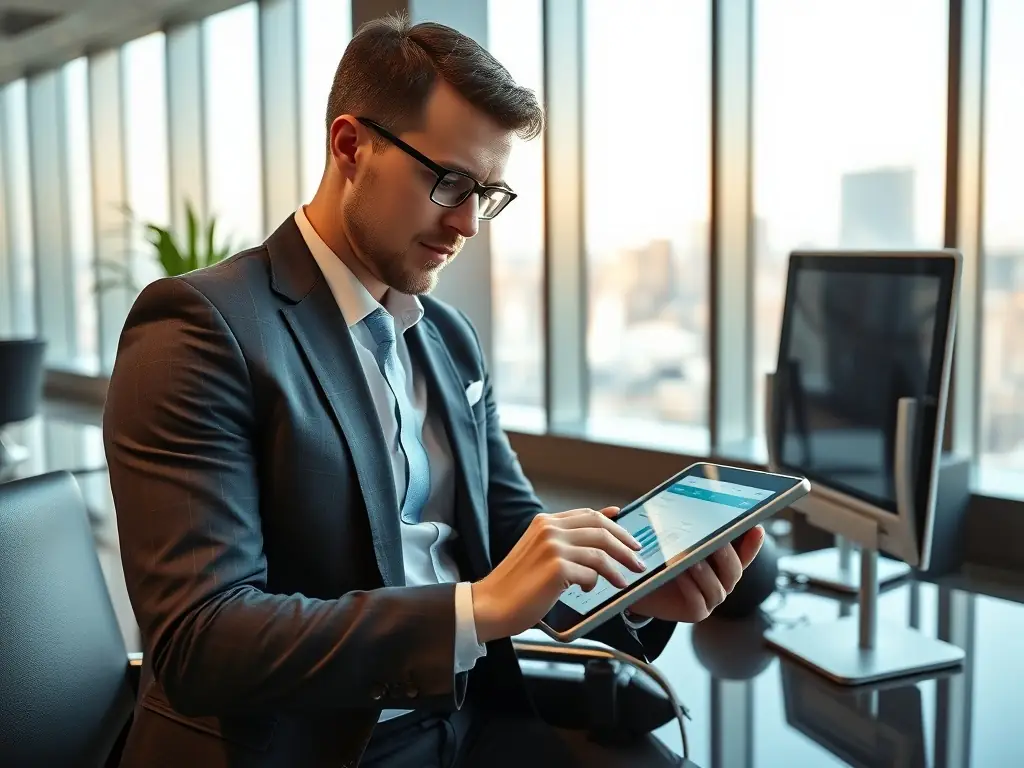 A professional businessman confidently reviewing financial reports on a tablet, showcasing reduced fraud rates and improved transaction processing times, set against a modern office background.