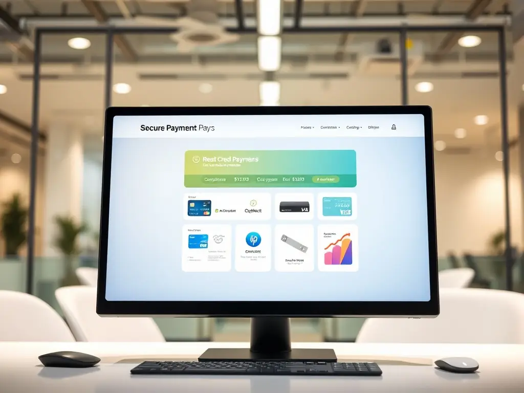 A professional image showcasing a secure payment gateway interface with advanced encryption and fraud detection features, emphasizing the security of credit card processing for high-risk businesses.