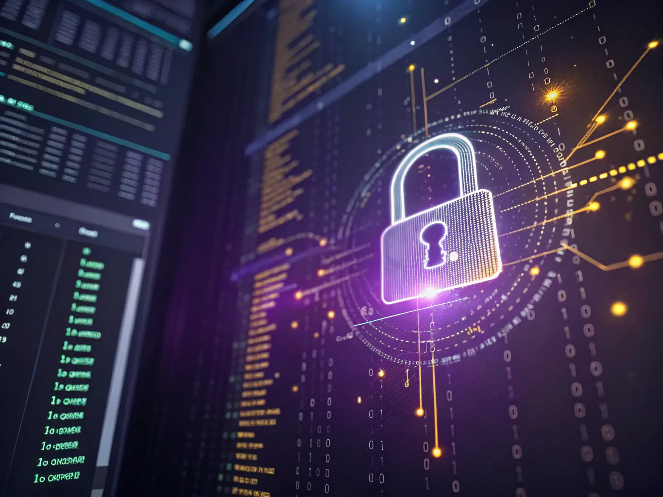 A digital graphic showing data flowing through encrypted channels, with a padlock icon representing secure data transmission and storage.