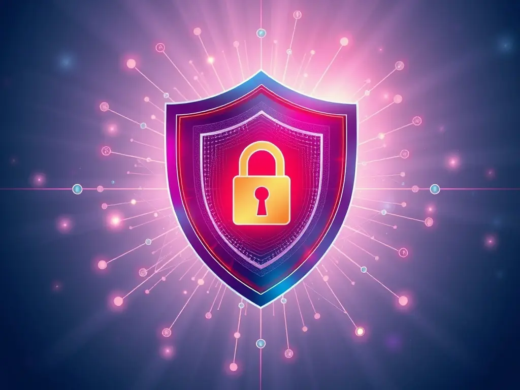 A digital illustration depicting a shield with a lock icon inside, surrounded by encrypted data streams, symbolizing robust data protection and security measures.
