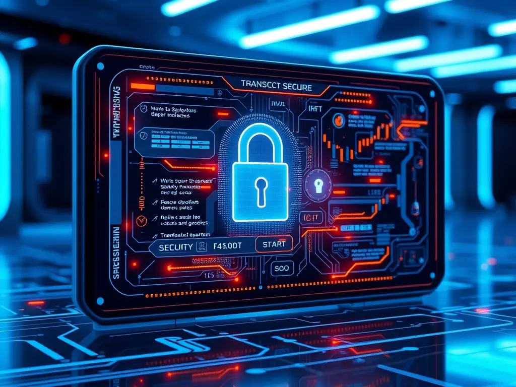 A secure digital interface displaying transaction data with encryption symbols, highlighting the protection of sensitive financial information during processing, set against a dark, secure background.